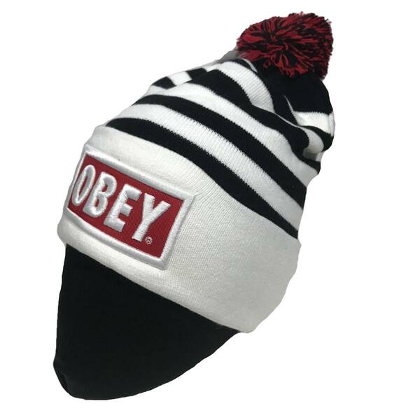 OBEY オベイ ボンボン ワッチニットキャップ（ホワイト/ブラック/レッドボンボン） [並行輸入品]