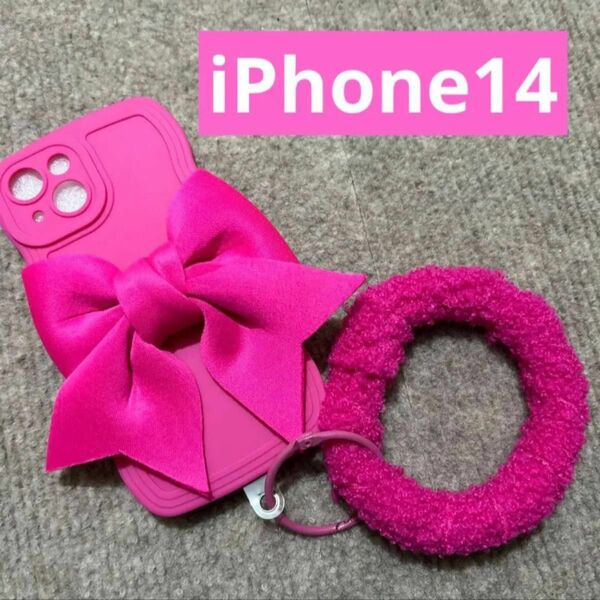 iPhone14 ケース ショッキングピンク リボン 韓国 可愛い カメラ保護 ストラップ