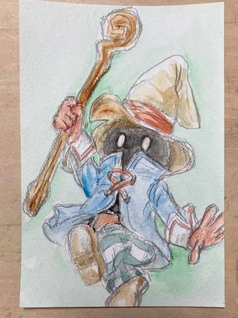 رسم توضيحي مرسومة باليد FF9 Vivi Ornitia Final Fantasy Black Mage Watercolor Postcard [Shizuka Aoki], كاريكاتير, سلع الانمي, رسم توضيحي مرسومة باليد