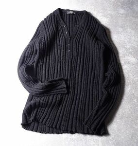 MEN'S MELROSE メルローズ ウール100% Vネック ヘンリー リブニット セーター タイトシルエット 細身 畝 ブラック メンズ (4) 黒　 O-009