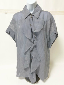 CHANEL シャネル ruffled silk blouse ブラウス 半袖 ストライプ ホワイト ネイビー フリル シルク サイズ：38 22SS P72681V64385 美品