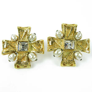  Vintage CHRISTIAN LACROIX Christian Lacroix Cross fake pearl earrings rhinestone Gold color free shipping 