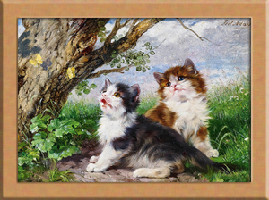 2匹の猫と蝶 A4 ドイツ, 絵画, 油彩, 動物画