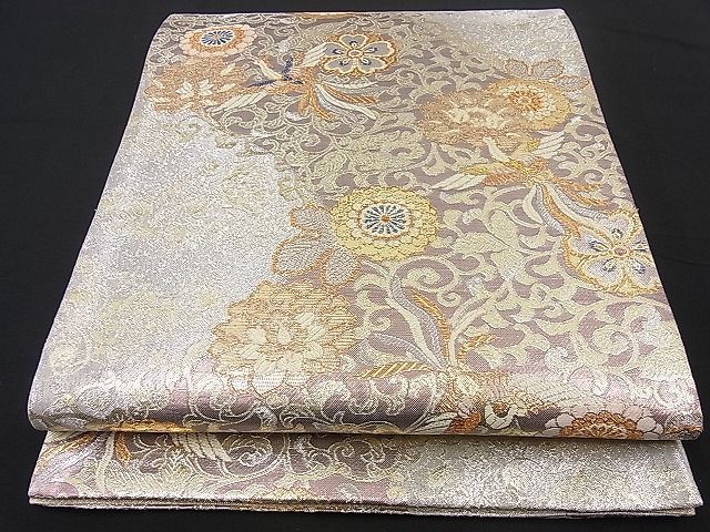 正絹 六通袋帯『西陣織』【錦地箔紋 総刺繍】 No.1018 浴衣/水着 着物