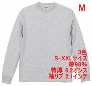 長袖 Tシャツ M アッシュ ロンT 厚手 特厚 6.2オンス 綿100 無地T 無地 袖リブ 定番 カットソー ロンティー 着画あり A2056 灰 灰色