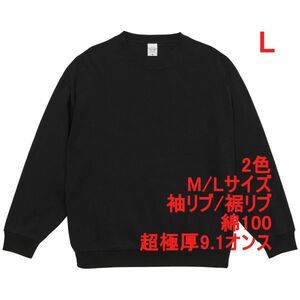 長袖 Tシャツ L ブラック ロンT カットソー 極厚 9.1オンス 綿100 無地T 無地 袖リブ 裾リブ ビッグシルエット カットソー A2074 黒 黒色