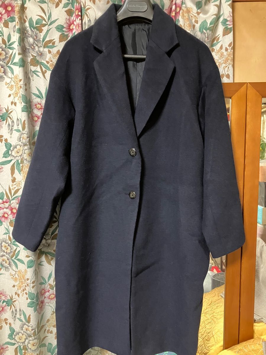 値下げshien 新品 ファジー袖口ダブルブレストオーバーコート 黒
