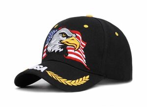 【新品・即決】ブラック USA 国旗 イーグル アメリカ 刺繍 帽子 コットン アーミー クラッシック 調節可 54cm-60cm　