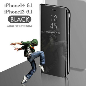 iPhone14 6.1 iPhone 13 6.1インチ　手帳型ケース　ミラーケース 光沢　鏡面　反射　鏡面加工 液晶フィルム　ブラック　2