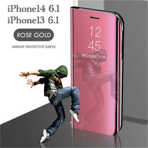 iPhone14 6.1 iPhone 13 6.1インチ　手帳型ケース　ミラーケース 光沢　鏡面　反射　鏡面加工 液晶フィルム　ピンク　2