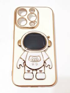 iPhone 14 PRO (6.1 インチ) 対応 DIY電気メッキ耐衝撃性 ホワイト + 宇宙飛行士ブラケットケース