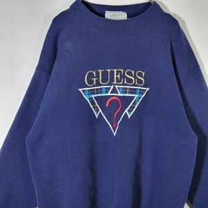 【レア】80s 90s USA製 ゲス GUESS ロゴ刺繍 スウェット ネイビー 紺 Mサイズ 匿名配送 ナス紺 ビンテージ