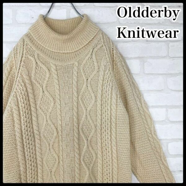 【大人気】イギリス製 ヴィンテージ Oldderby Knitwear タートルネック アランニット セーター アイボリー メンズ Ｌサイズ