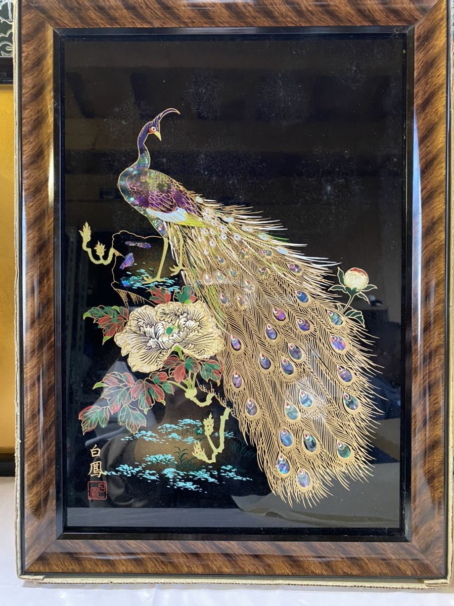 花鳥風月図 螺鈿細工 硝子額装-