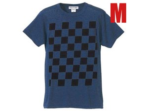 5°CHECKER 染込プリント Tシャツ NAVY×BLACK M/バイカーファッションバイク白黒市松模様checkerflagチェッカーフラッグ格子柄チェック柄