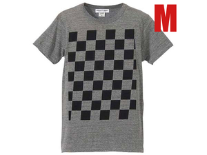 5°CHECKER 染込プリント Tシャツ GRAY×BLACK M/チェッカー柄旧車バイカーファッションツーリング市松模様チェッカーフラッグドライブ単車