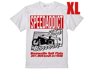 【スピードアディクト T-shirt】WHITE XL/白アメコミデザインスティーブマックイーンロイヤルエンフィールドpiaggioベスパランブレッタ80s