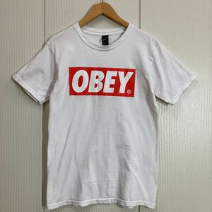 186 OBEY オベイ ロゴプリント 半袖 Tシャツ カットソー コットン ホワイト クルーネック 白 アメカジ レディース サイズS 30112N