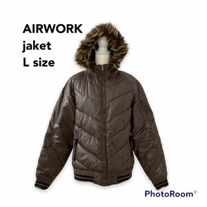 AIRWARK エアウォーク　中綿ジャケット　ダウン　ファー付き　フルジップ　Lサイズ　大きいサイズ　茶色　アースカラー　ユニセックス