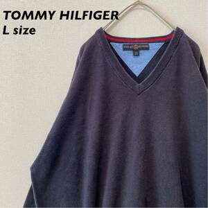 トミーヒルフィガー　ニット　セーター　Vネック　男女兼用　刺繍ロゴ　ネイビー　Lサイズ　大きいサイズ　TOMMY HILFIGER ユニセックス