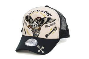 バンソン メッシュキャップ VANSON 帽子 刺繍＆ステッカー スカル イーグル NVCP-2205 新品 ナチュラル×ブラック