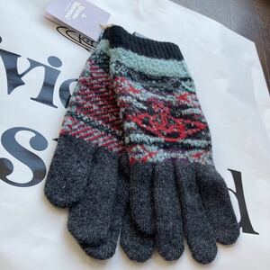 送料込●新品●Vivienne Westwood ウールニット手袋 黒×グレー⑤メンズフリー オーブマーク ヴィヴィアンウエストウッド ビビアン