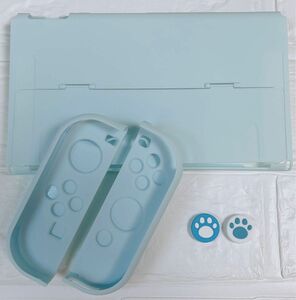 可愛い　Nintendo Switch有機EL専用カバー　新型スイッチ専用ケース　任天堂　ハードタイプ　水色　肉球