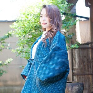 ふっくら 丹前 はんてん レディース 半纏 久留米 日本製 かわいい 紬 標準 フリーサイズ 綿入れ 中綿 ちゃんちゃんこ どてら 米粒柄 青