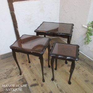 イギリス アンティーク 家具 ネストテーブル サイドテーブル 入れ子式 3台組 猫脚 木製 マホガニー 英国 SMALLTABLE 6995c