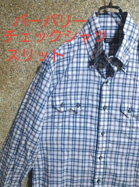 バーバリーブラックレーベル　チェックシャツ　スリット　ホースロゴ　刺繍　Mサイズ