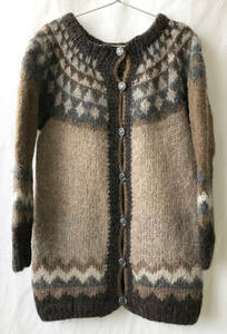  prompt decision [70's euro Vintage / ice Land hand made ] wool knitted nordic cardigan / beige / lady's /om-2301-20a