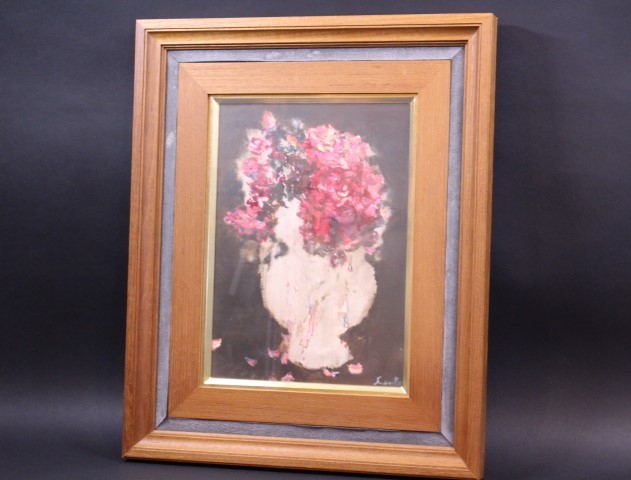 L-2341 Saburo Saito Summer Rose Oil Painting No. 4 Framed Front Glass, painting, oil painting, still life painting