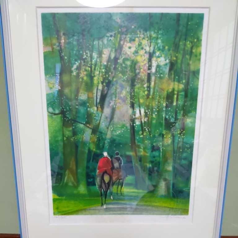 Horseback riding in the forest by Illaire 12/125 Vision Nouvelle certificate included Lithograph Signed Large painting Popular French artist Framed Box dirty y0085, Artwork, Prints, Lithography, Lithograph