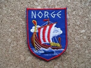 90s ノルウェー王国 NORGE ビンテージ刺繍ワッペン/帆船PATCH北欧ビッケ紋章Kongeriket中世パッチ旅行エンブレム土産ヨーロッパ海賊 D①