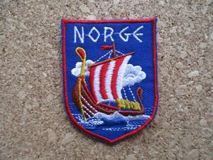 90s ノルウェー王国 NORGE ビンテージ刺繍ワッペン/帆船PATCH北欧ビッケ紋章Kongeriket中世パッチ旅行エンブレム土産ヨーロッパ海賊 D①