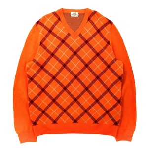 HERMES extra штраф melino шерсть V шея вязаный свитер XXL orange проверка a-ga il Италия производства 