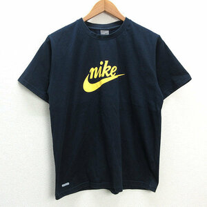 y■ナイキ/NIKE スオッシュロゴ プリントTシャツ■紺【メンズM】MENS/レトロ/1【中古】