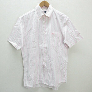 y# made in Japan # Burberry Golf /BURBERRY GOLF button down short sleeves shirt # white / pink [ men's L]MENS/104[ used ]