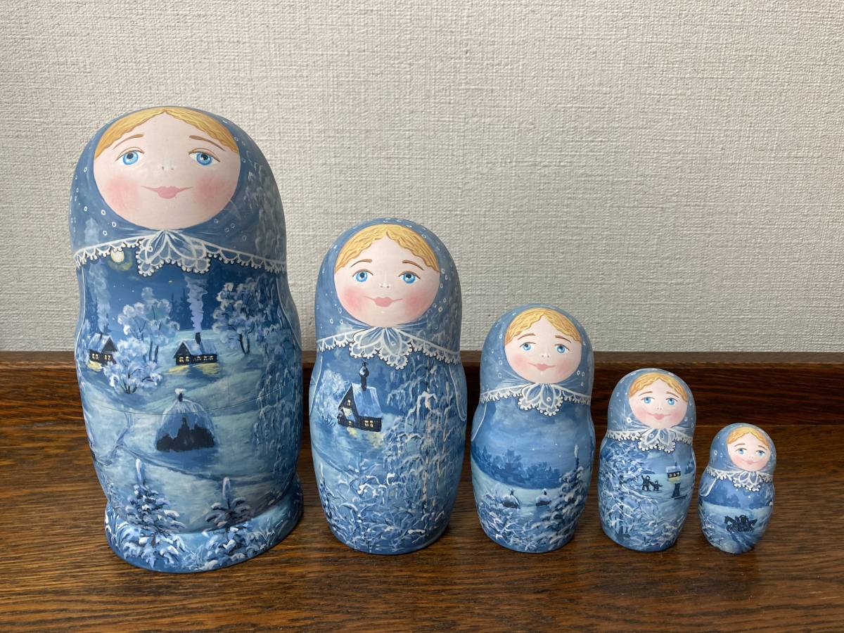 ロシア雑貨☆四季マトリョーシカ冬 夜の雪景色(5P)H18.5cm アンナ･ゴルシコワ作, ハンドメイド作品, インテリア, 雑貨, 置物, オブジェ