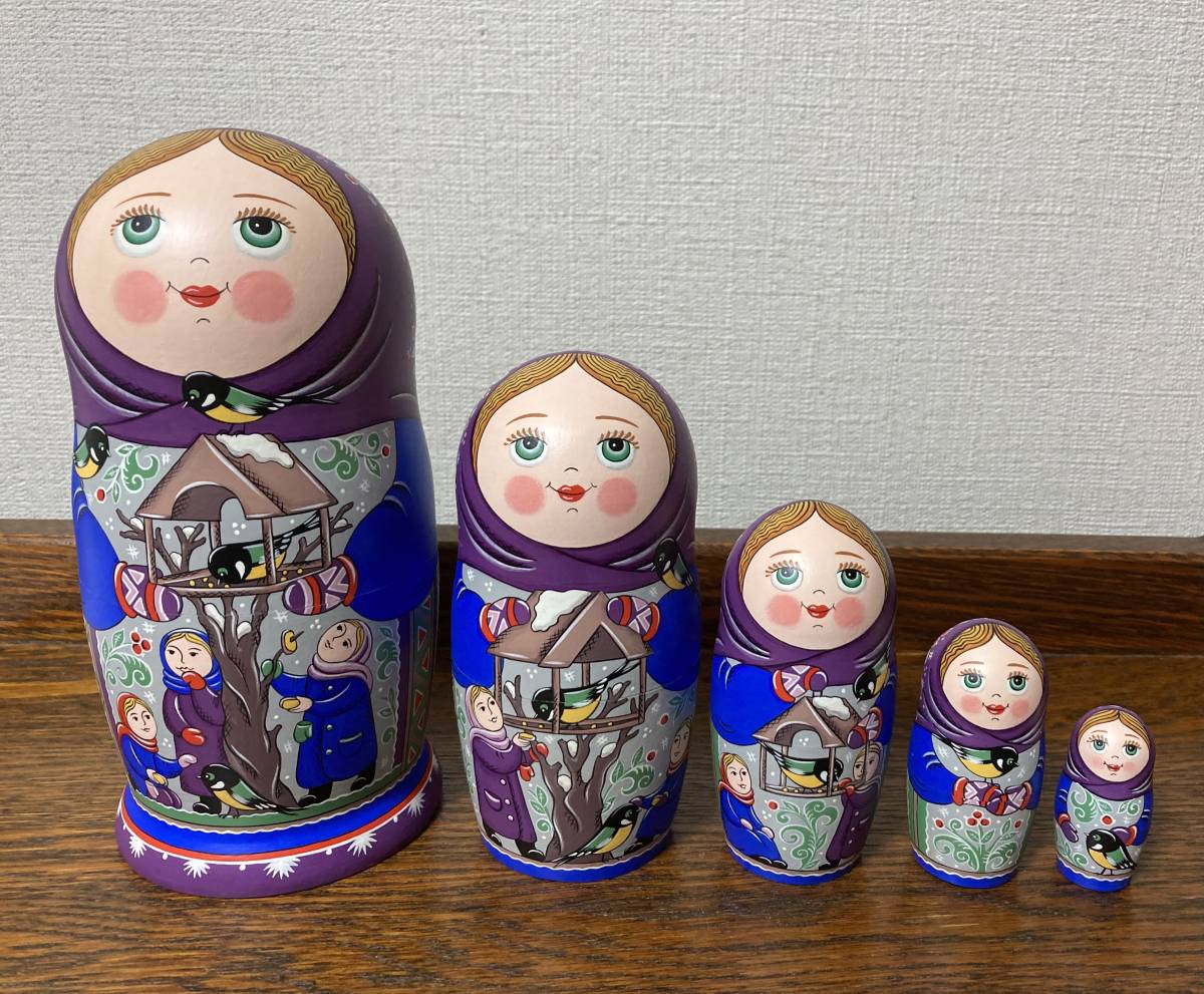 Russian Goods☆Winter Matryoshka Tit (5P) H18cm Made by Olga Zabaikina, Handmade items, interior, miscellaneous goods, ornament, object