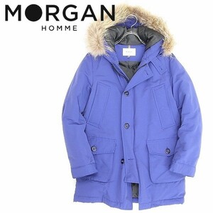 美品◆MORGAN HOMME モルガン オム ラクーンファー付 中綿 ダウン コート 青 ブルー M