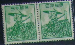 昔懐かしい切手 ２種３枚組　産業図案切手・農婦2円連 1948.11.20発行　+　広島平和記念都市建設 バラを持つ女性 1949.8.6.発行ｂ　