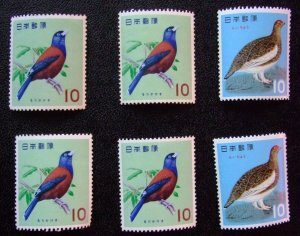 未使用 昔の切手 鳥シリーズ 1963-64年発行 ２種 ６枚 b + 未使用 昔の切手 普通切手 ７２円 シカ ５枚組 1989年シリーズ