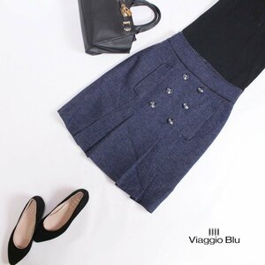 美品 厚手 ビアッジョブルー Viaggio Blu ■ 厚手 レザーパイピング ミックスカラー ウールスカート 2 9号 ネイビー 紺