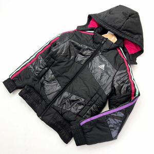 アディダス ☆ adidas 140 キッズ 中綿 ジャケット ジップアップ パーカーブラック カラフルラインがお洒落♪ スポーツ アウトドア■DA203