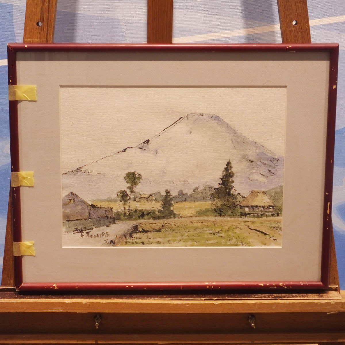 藁葺き屋根の家と小川の風景が描かれた油絵 さらに値下げしました www