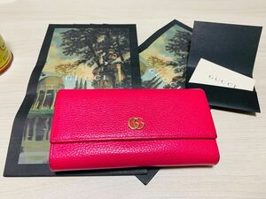 レア 極美品グッチ プチマーモント 二つ折り長財布 ロングウォレット レザ ピンク GGロゴ レディース GUCCI 456116