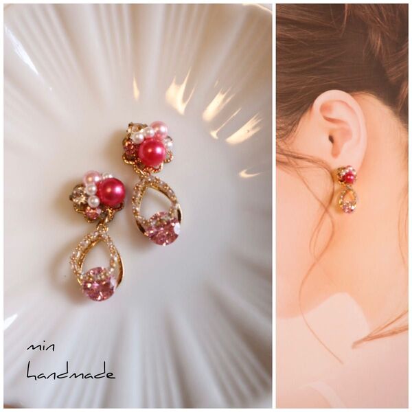レッド系 ビジュー ピアス イヤリング ハンドメイド