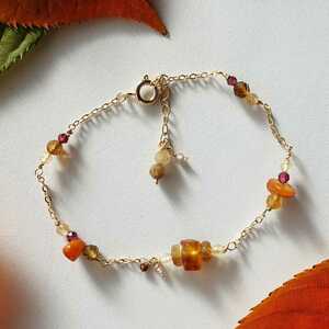  amber chain bracele 14KGF bar tik amber citrine tourmaline orange Brown natural stone Gold natural stone bracele autumn color 