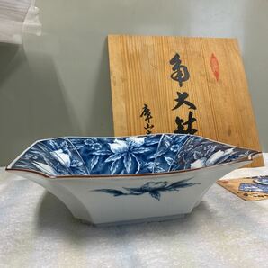 染付 庫山窯 角大鉢 約26cm 未使用品 濃桃 の画像2